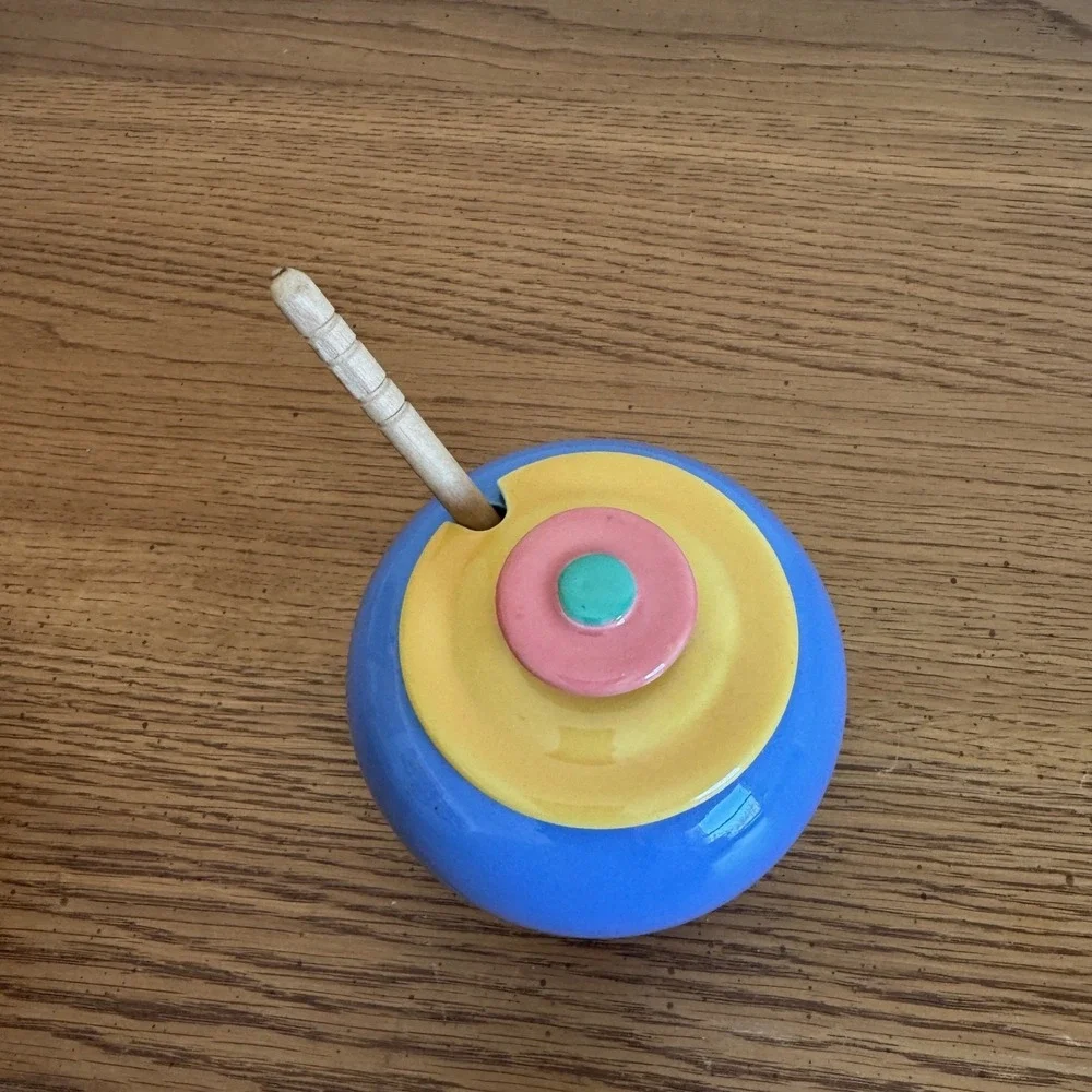 Vintage Ceramic Honey Pot Jar with Lid and Wooden Dipper Pastel‎ Colors